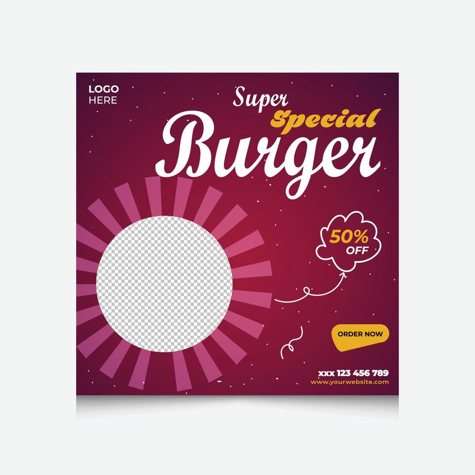 modello di post social media menu cibo hamburger super speciale, modello di social media fast food per ristorante. vettore