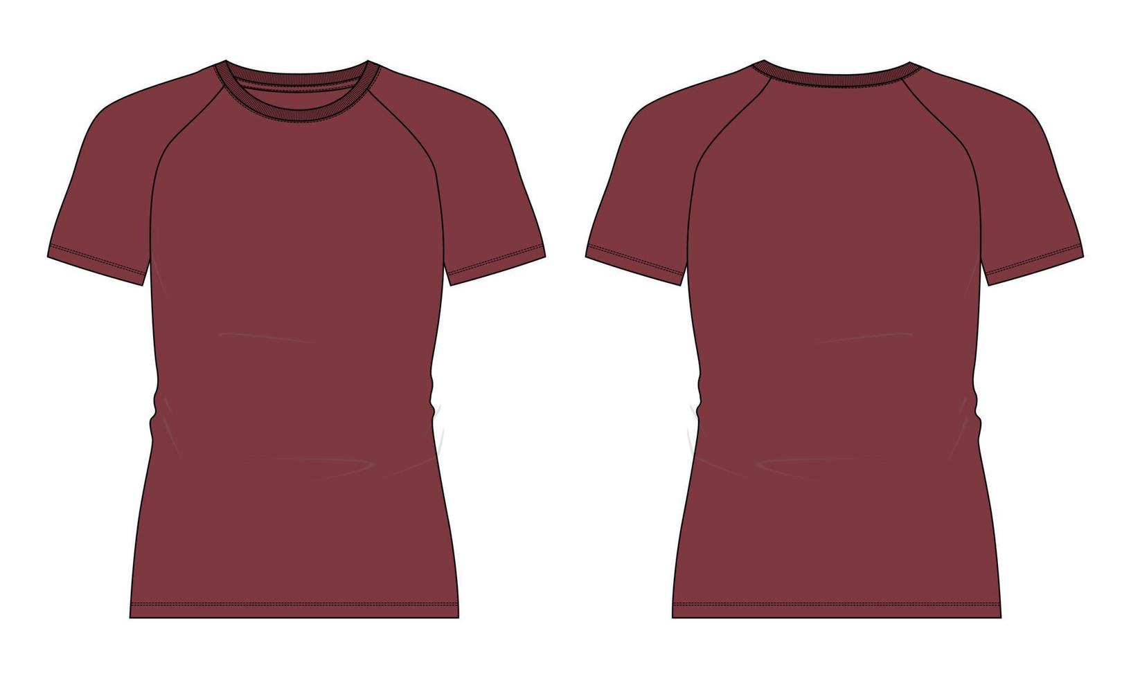 slim fit manica corta raglan t shirt tecnica moda schizzo piatto illustrazione vettoriale colore rosso modello viste anteriore e posteriore isolate su sfondo bianco.