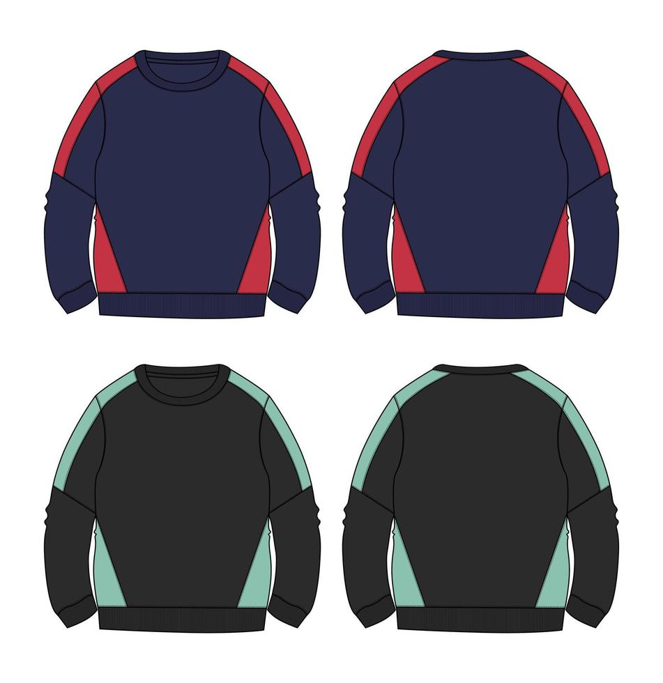 colore bicolore con giacca tagliata e sega felpa tecnica moda disegno piatto illustrazione vettoriale modello davanti e dietro. abbigliamento giacca felpa disegno piatto nero, colore blu scuro mock up.