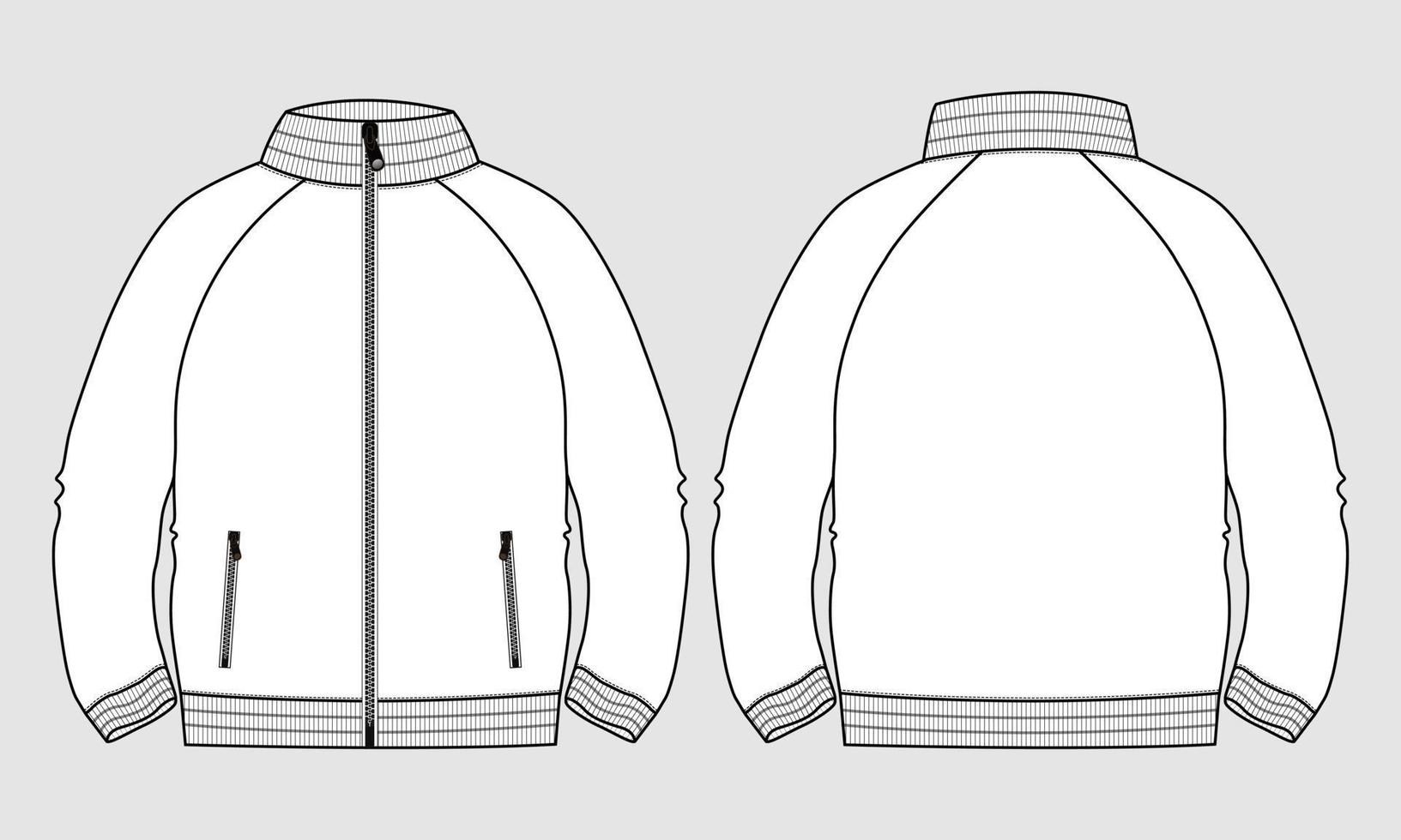 vestibilità regolare manica lunga con colletto rialzato e cerniera giacca felpa tecnica moda schizzo piatto illustrazione vettoriale modello davanti e dietro. abbigliamento sudore giacca disegno piatto vettore mock up.