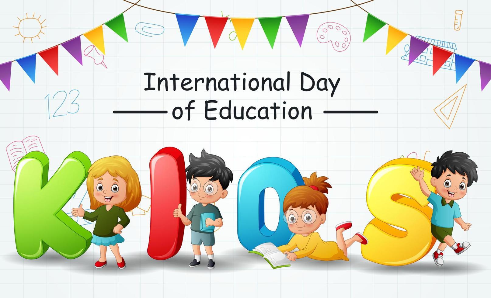 giornata internazionale dell'educazione con bambini e lettere dell'alfabeto vettore