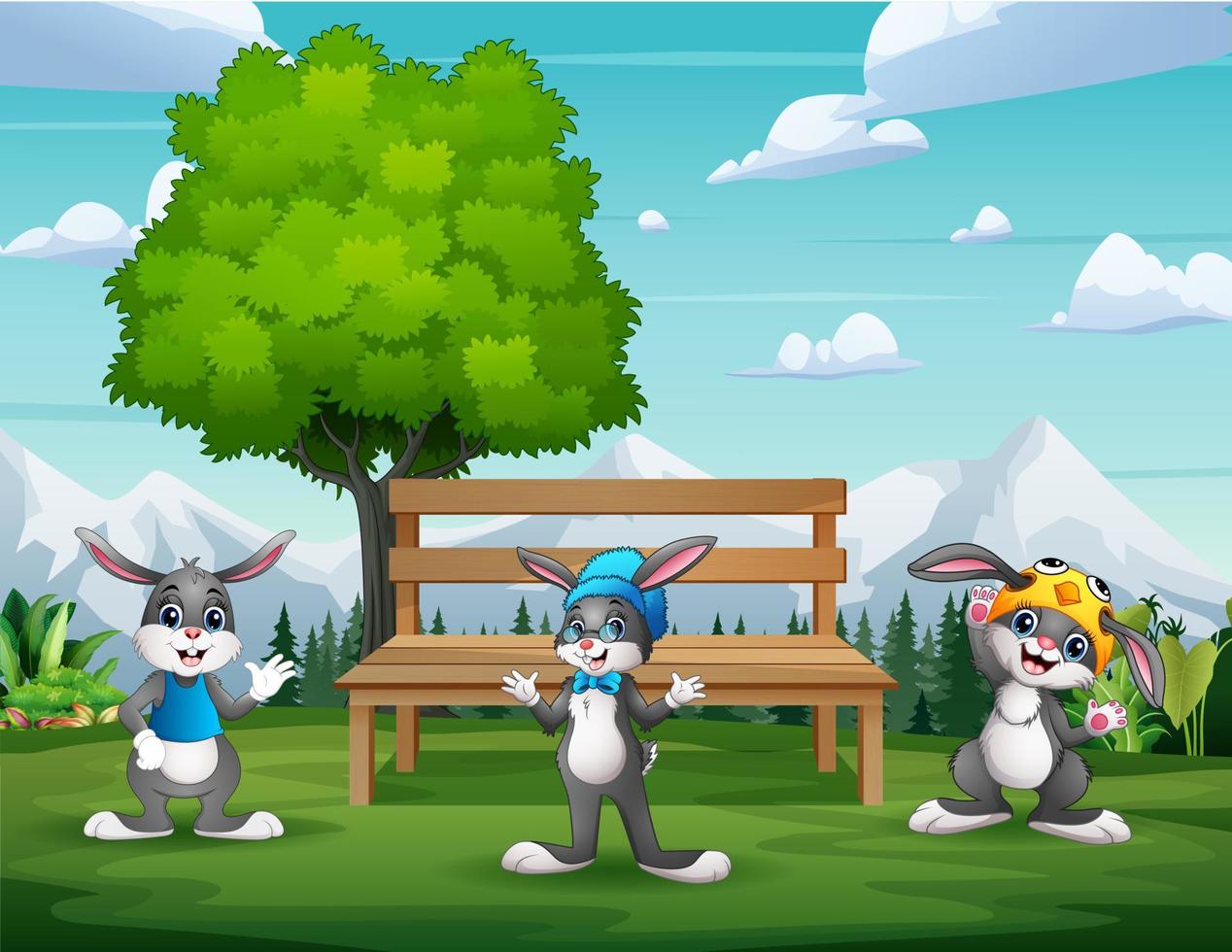 simpatico cartone animato di tre coniglietti nel paesaggio del parco vettore