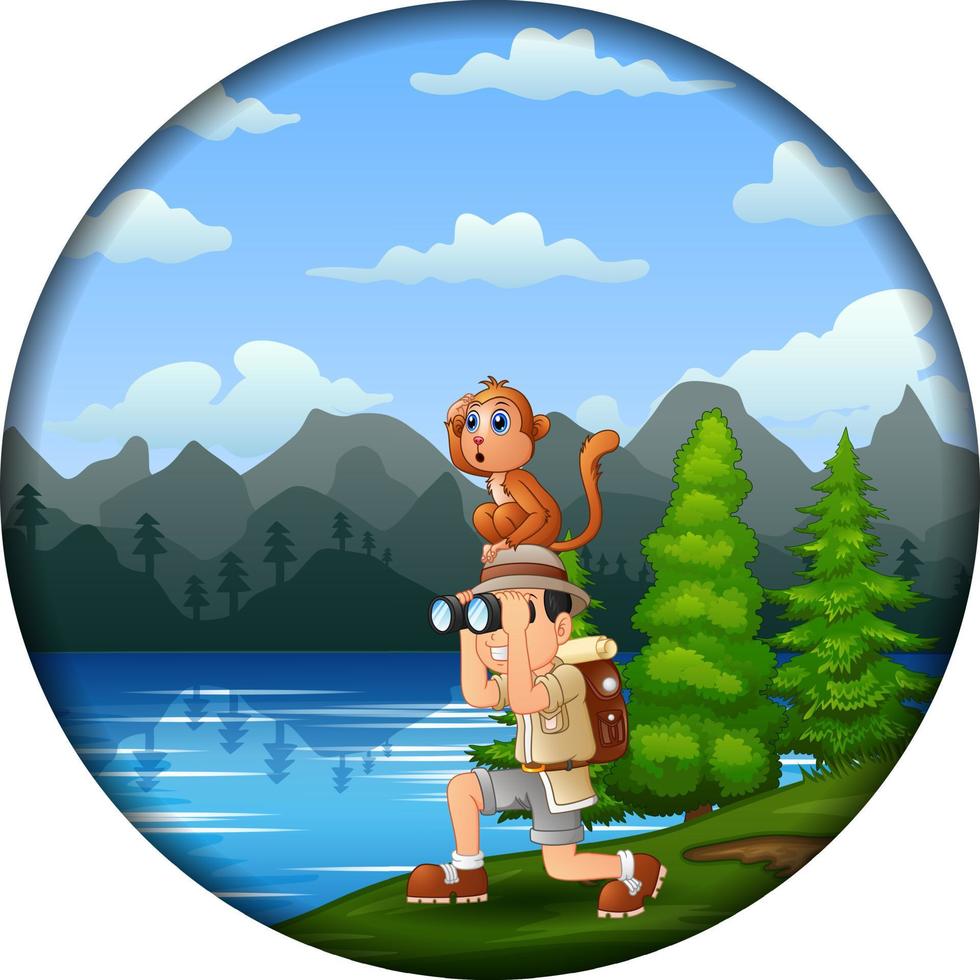 ragazzo avventuriero e scimmia in riva al lago in una cornice intorno vettore