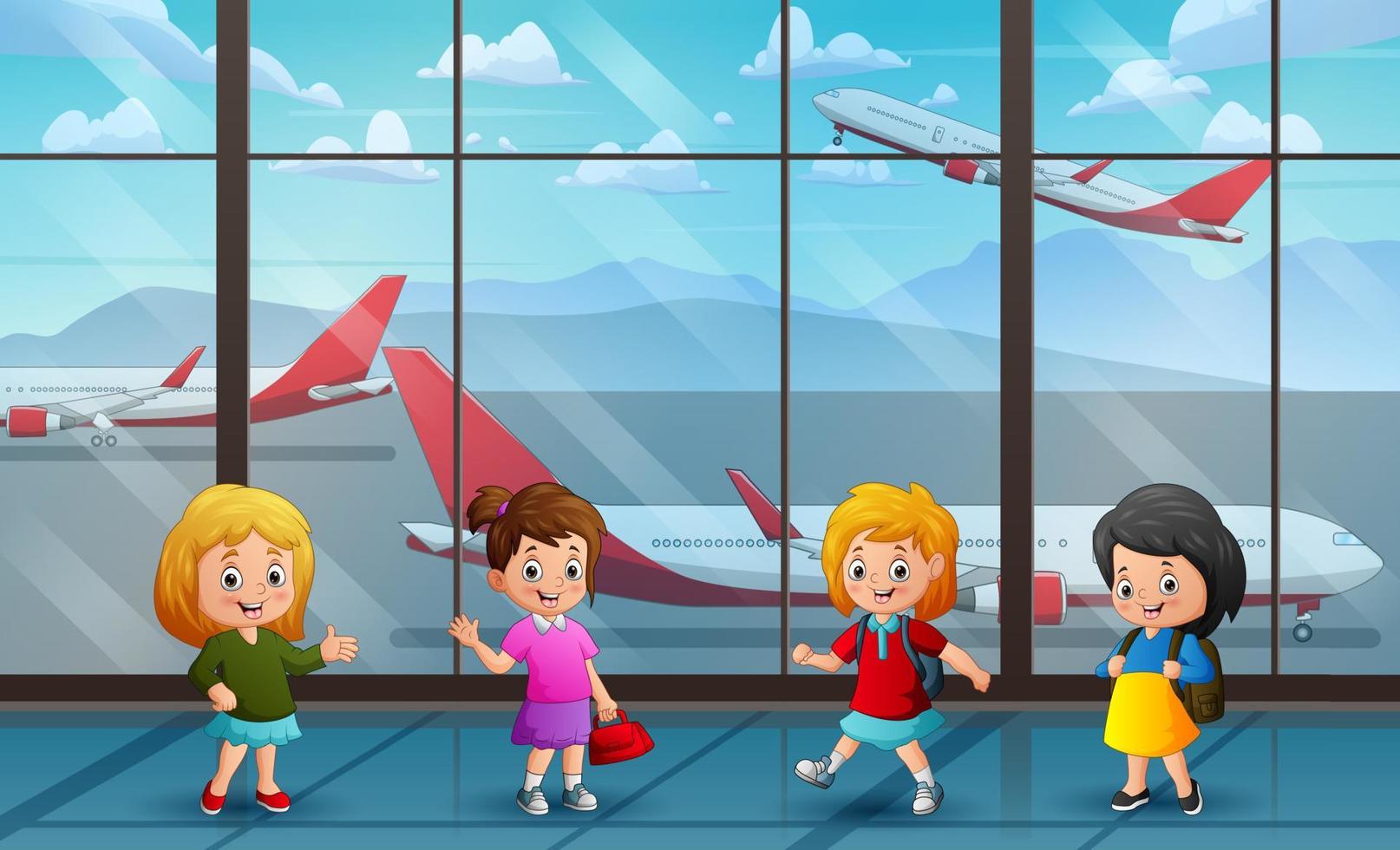 illustrazione di bambini felici nel terminal dell'aeroporto vettore