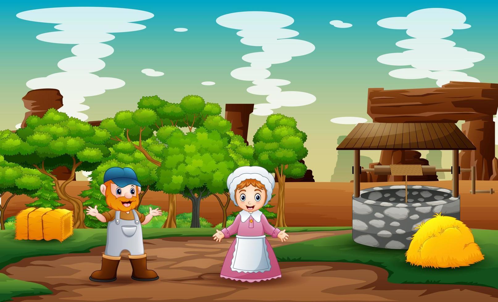 cartone animato di felici gli agricoltori nel paesaggio della fattoria vettore