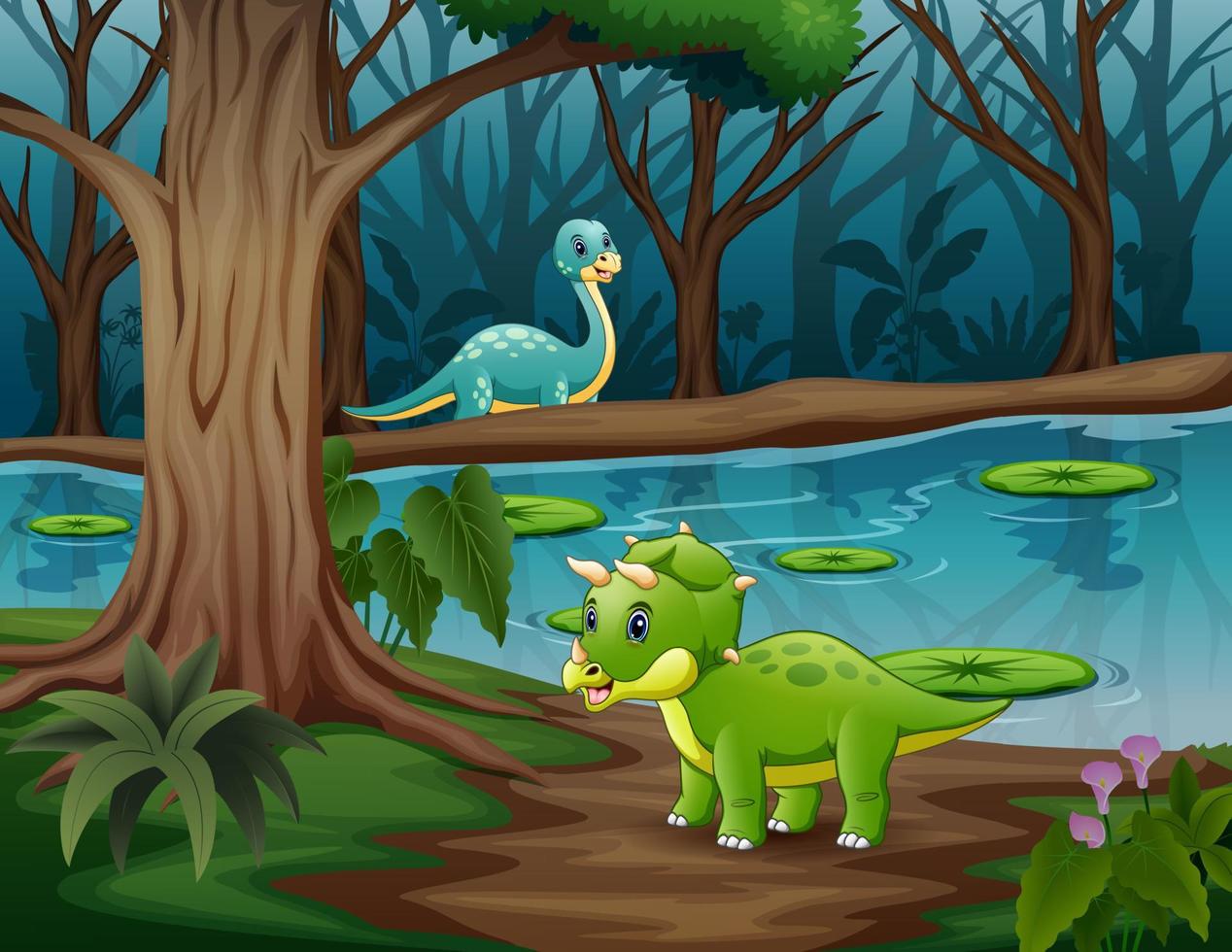 cartone animato di dinosauri che giocano nel lago vettore