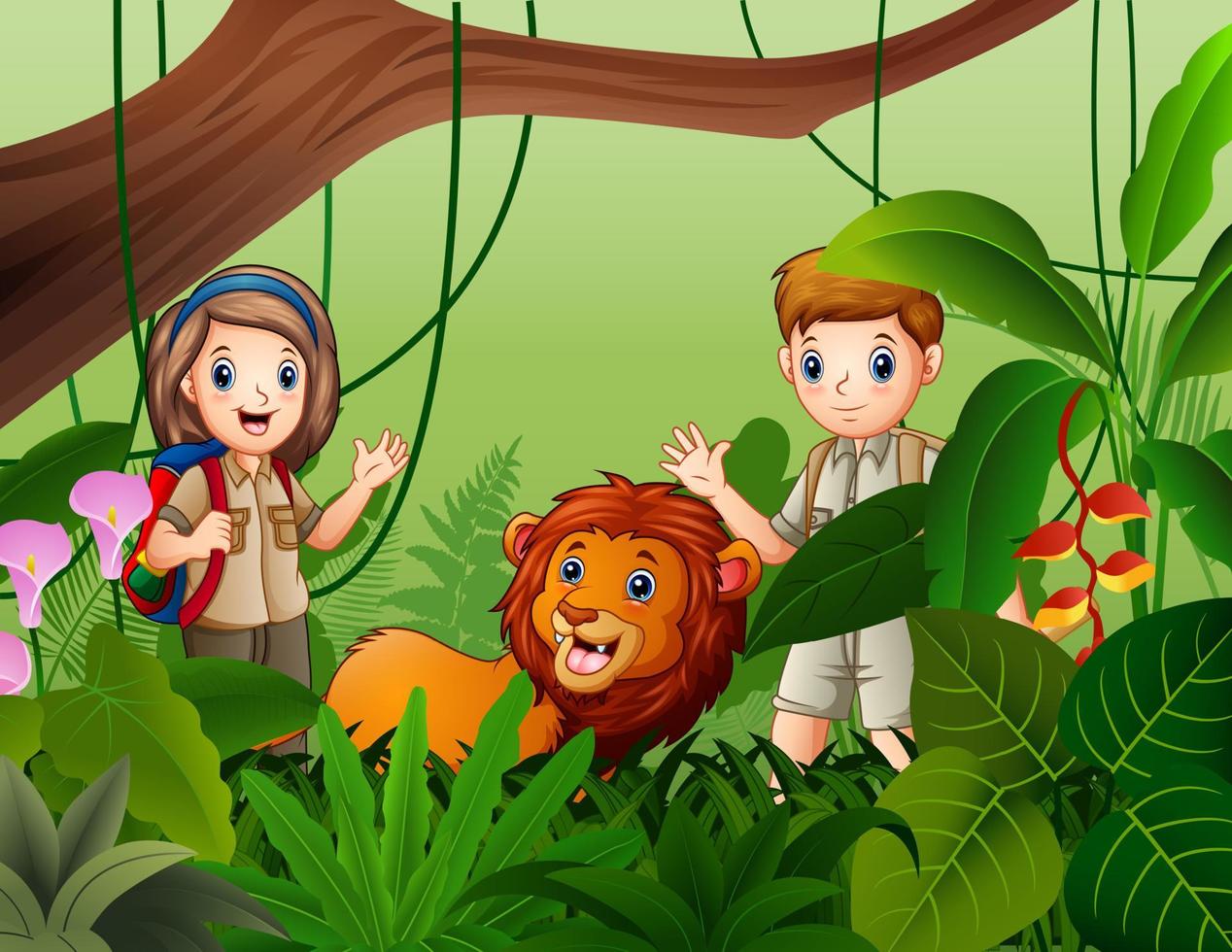 illustrazione del ragazzo e della ragazza del guardiano dello zoo con un leone nella giungla vettore