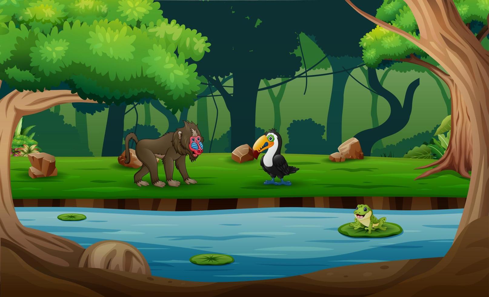 simpatico cartone animato babbuino e tucano in riva al fiume vettore