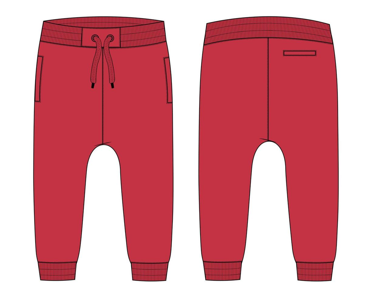 felpa in jersey di cotone basic pantalone tecnico moda piatto schizzo colore rosso modello vista frontale e posteriore. abbigliamento pantaloni jogger illustrazione vettoriale mock up per bambini e ragazzi.