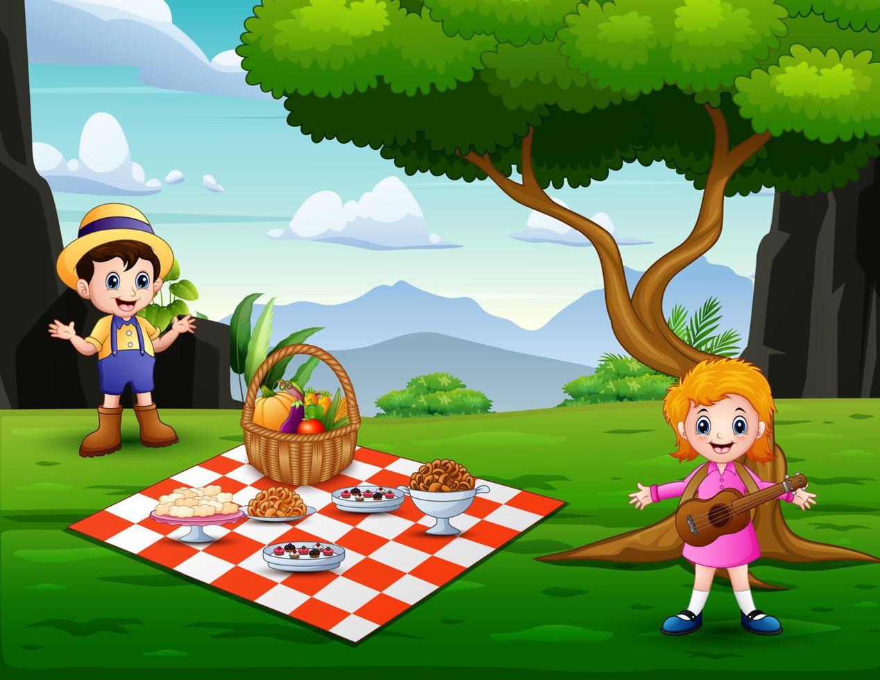cartone animato di un ragazzo e una ragazza che fanno un picnic insieme nel parco vettore