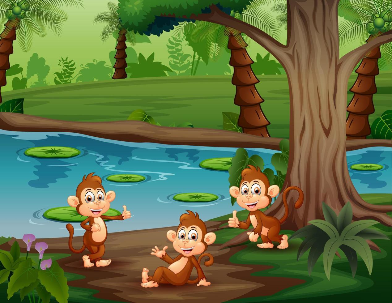 simpatiche tre scimmie che giocano vicino all'illustrazione del fiume vettore
