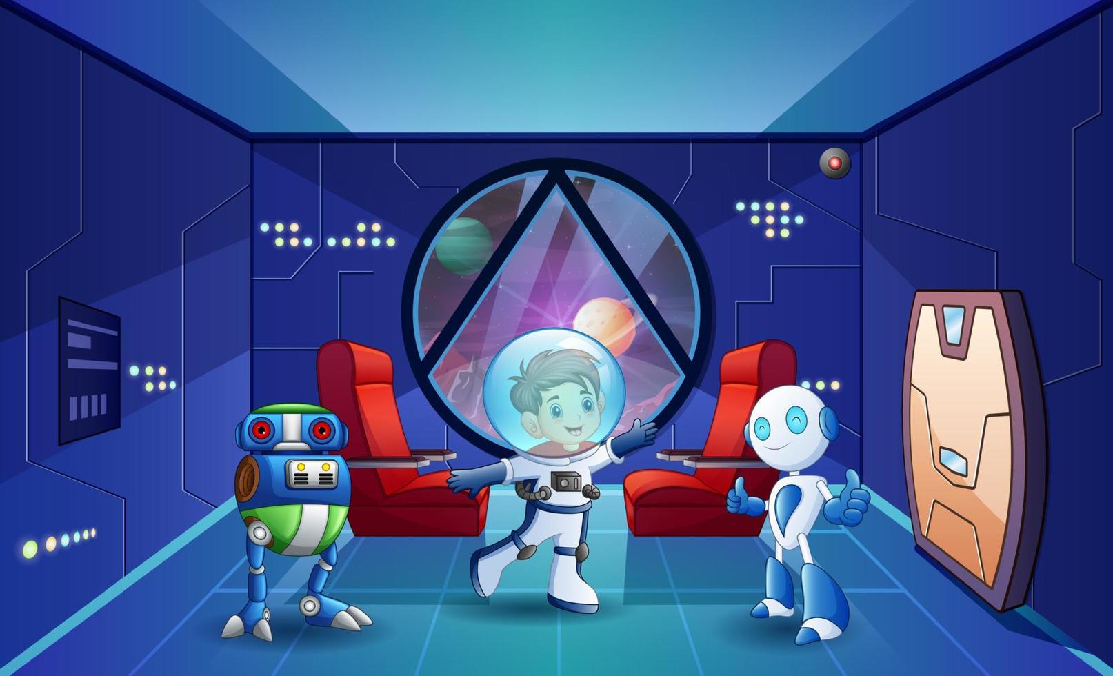 illustrazione del bambino astronauta e dei robot nell'astronave vettore