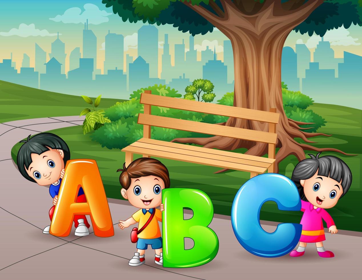 bambini felici che trasportano le lettere abc nell'illustrazione del giardino vettore