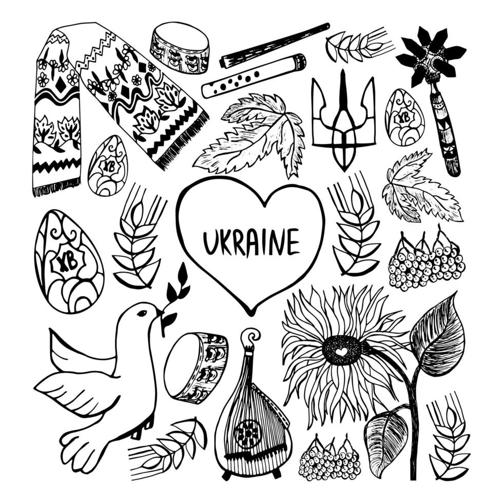 set con elementi di tradizione etnica ucraina in stile doodle disegnato a mano. vettore