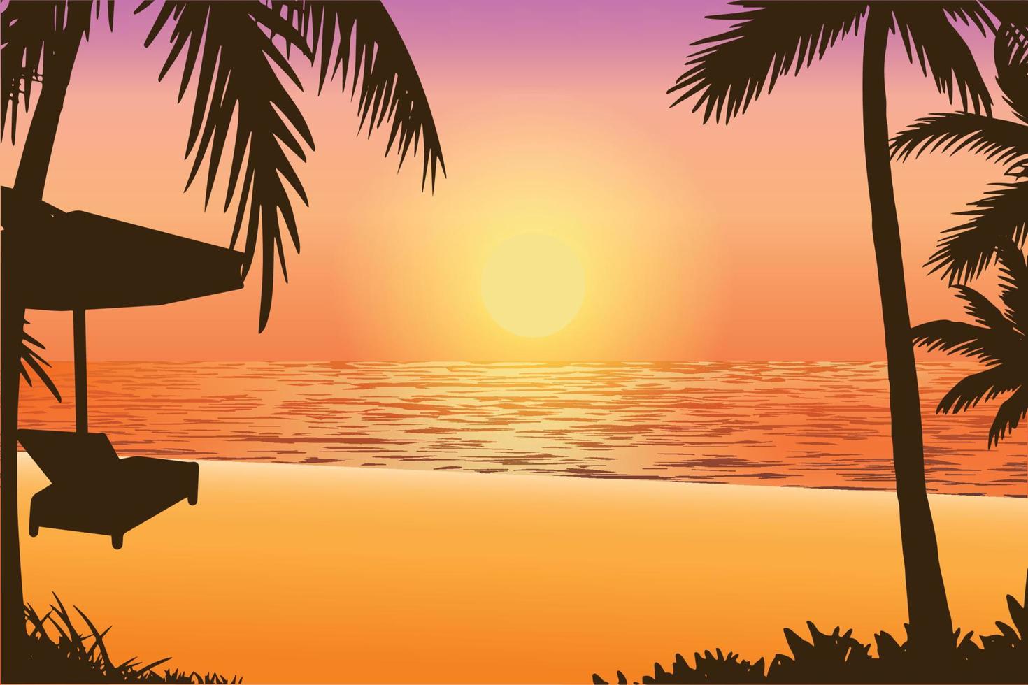 illustrazione vettoriale dello scenario naturale della spiaggia tropicale al tramonto