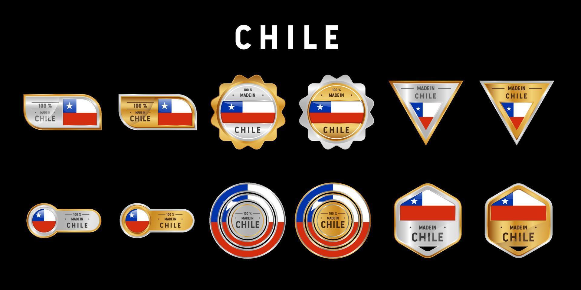 etichetta, timbro, distintivo o logo realizzati in Cile. con la bandiera nazionale del cile. sui colori platino, oro e argento. emblema premium e di lusso vettore