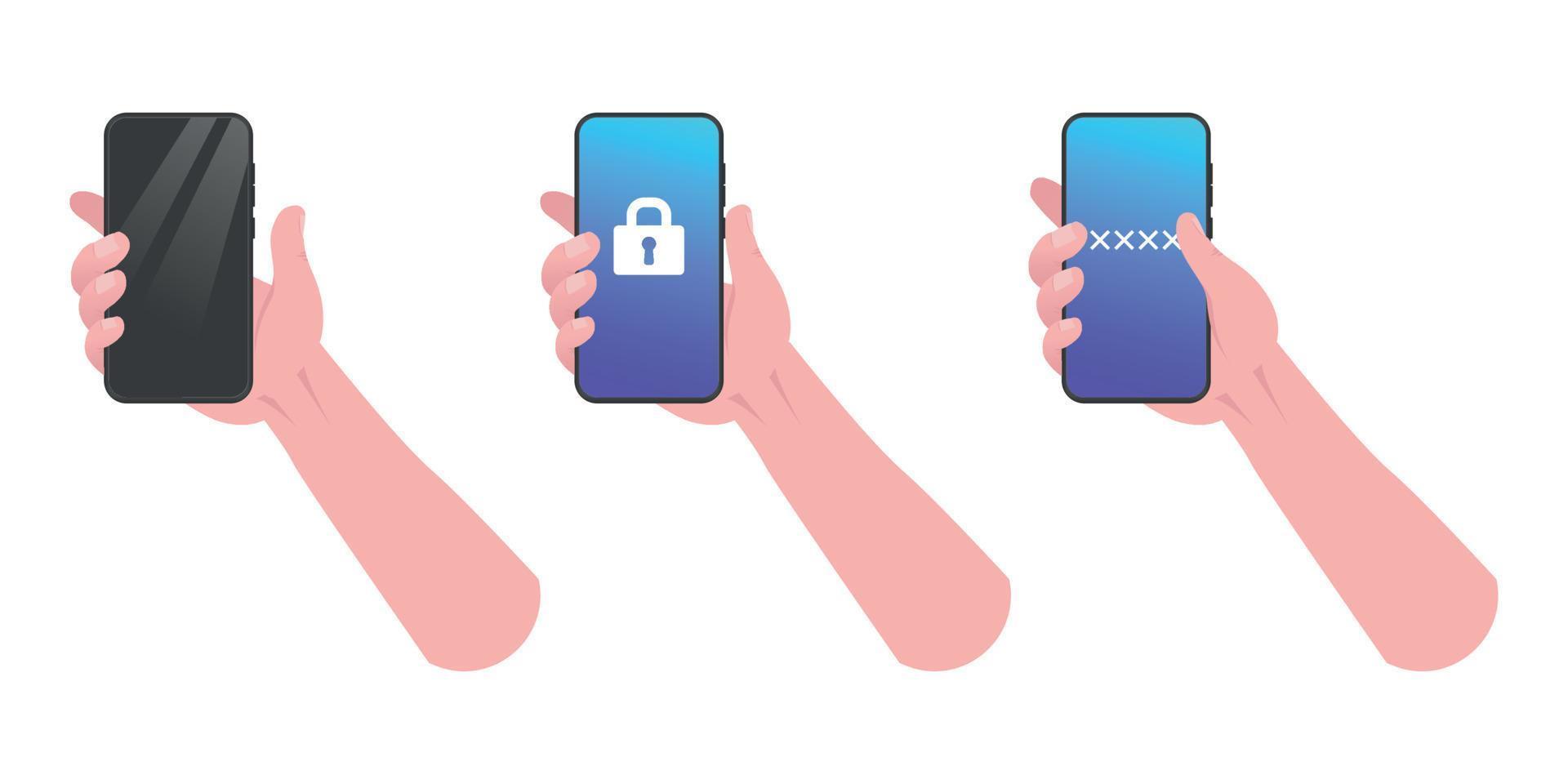 set di uno smartphone che tiene la mano. schermo vuoto di sicurezza con password, mockup del telefono, applicazione di sicurezza sul dispositivo touch screen. illustrazione vettoriale. vettore