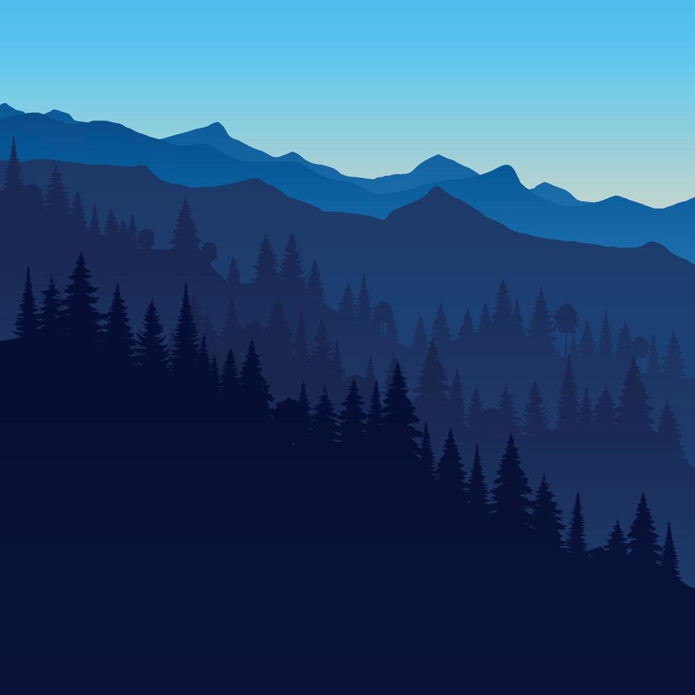 semplice silhouette monocromatica paesaggio con nebbia, foresta, montagne blu. illustrazione delle montagne di vista, nebbia e sagome. buono per carta da parati, sfondo, banner, copertina, poster. vettore