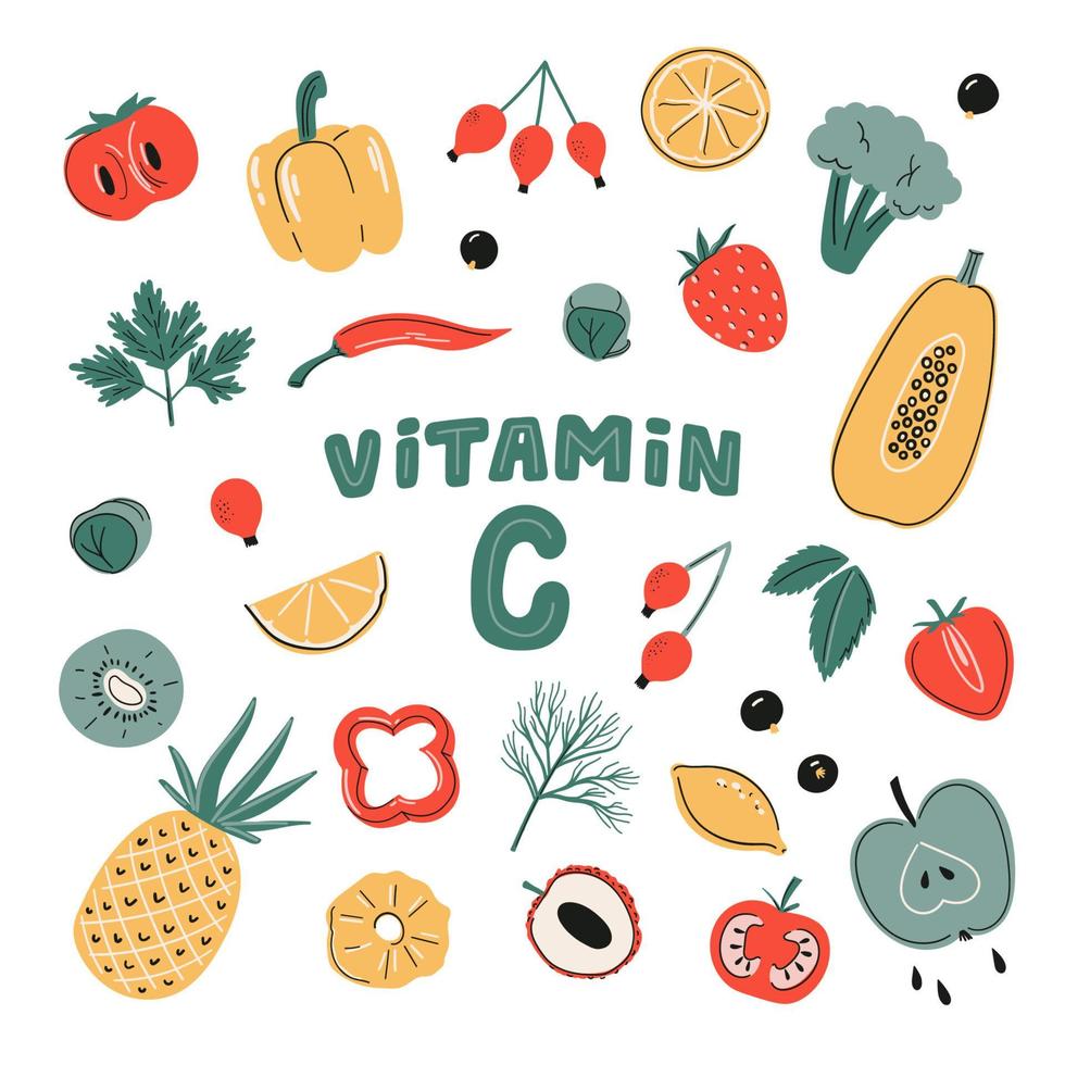 set di fonti di vitamina c vettoriali. raccolta di frutta, verdura e bacche. cibo sano, prodotti dietetici, biologico. illustrazione piatta del fumetto vettore