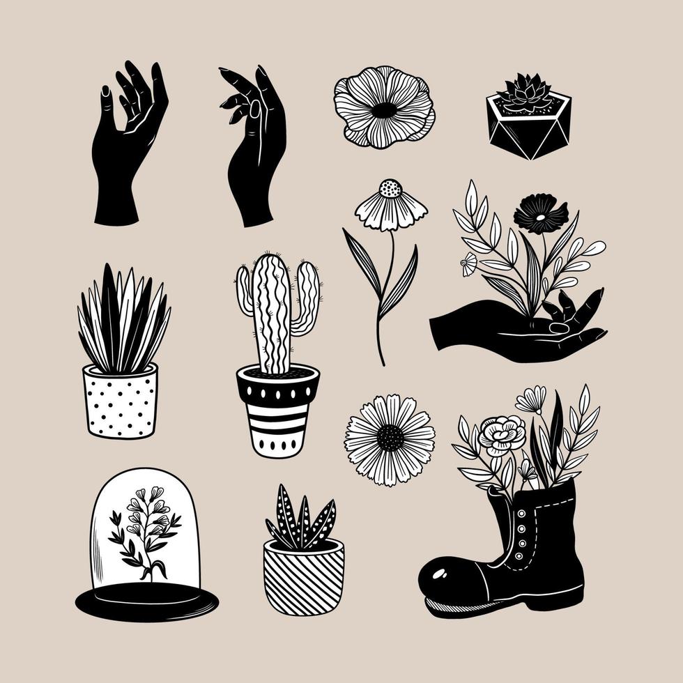 insieme di giardinaggio del fumetto disegnato a mano di vettore. piante in vaso nere, piante grasse, fiori e mani magiche. vettore