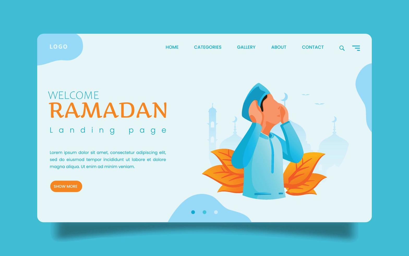 landing page un uomo sta facendo adzan nella notte, una chiamata per i musulmani a pregare - ramadan - illustrazione vettoriale