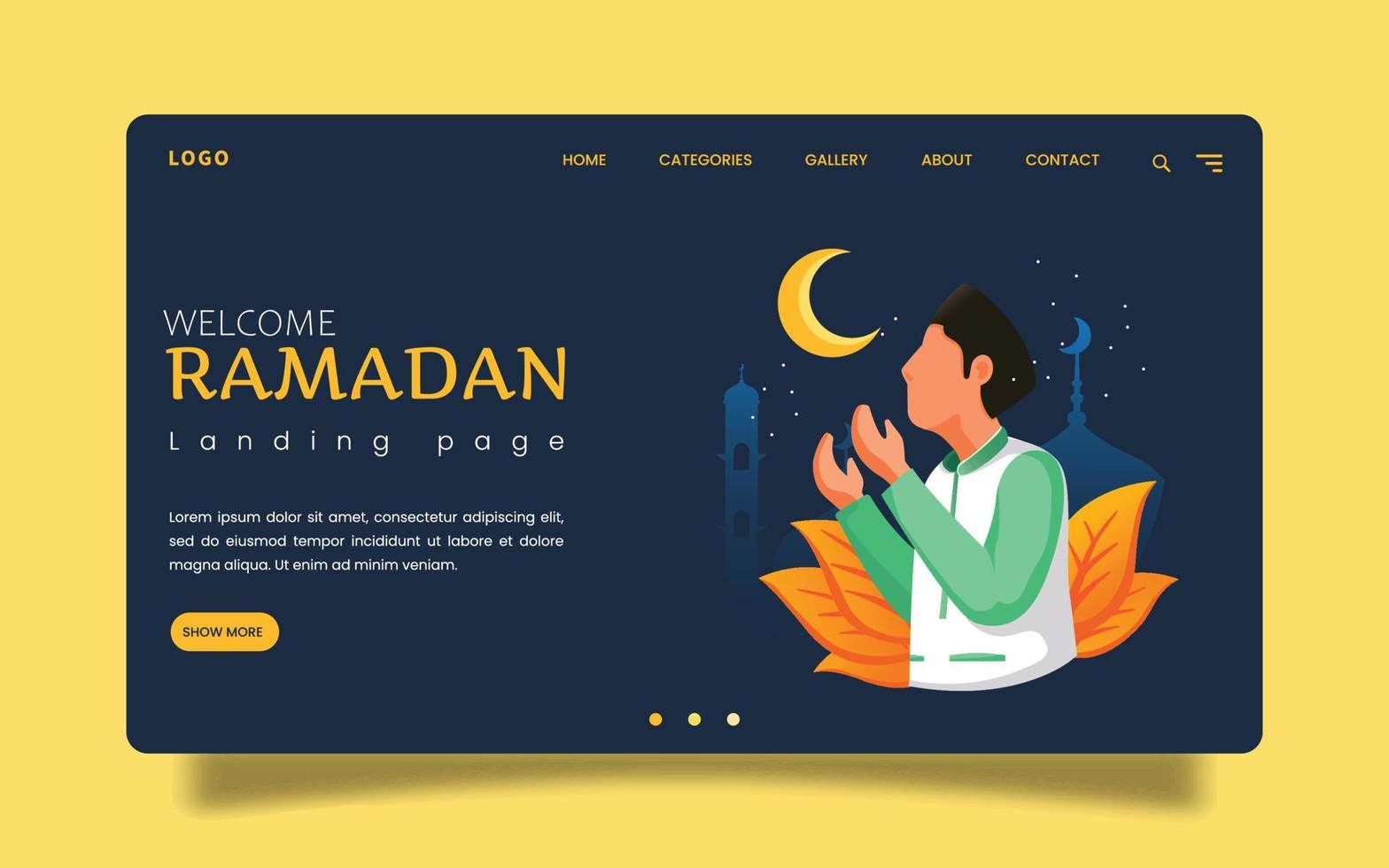 landing page - ramadan mubarak - uomo che prega Dio di notte durante il ramadan. vettore