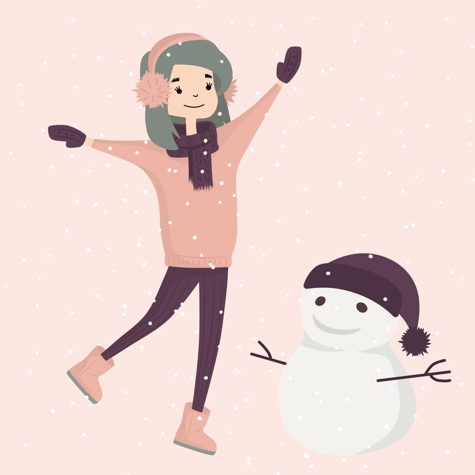 ragazza carina che gioca con il pupazzo di neve. illustrazione vettoriale.felice inverno vettore