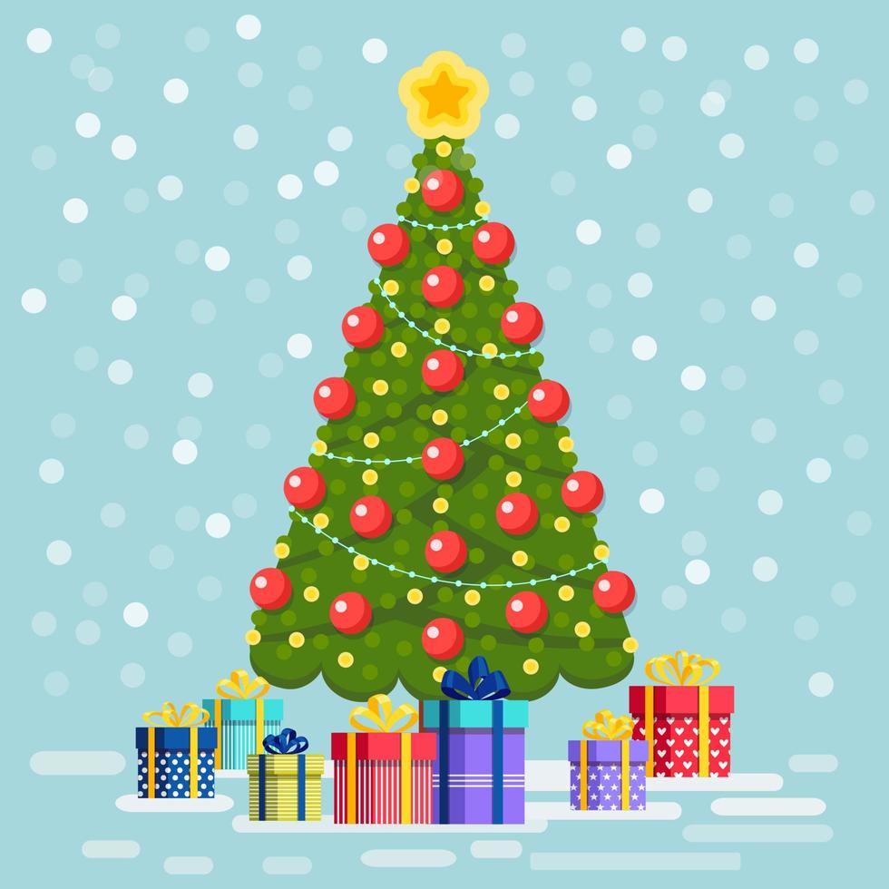 albero di natale decorato con scatole regalo, stella, luci, palline decorative. buon Natale e Felice Anno nuovo vettore