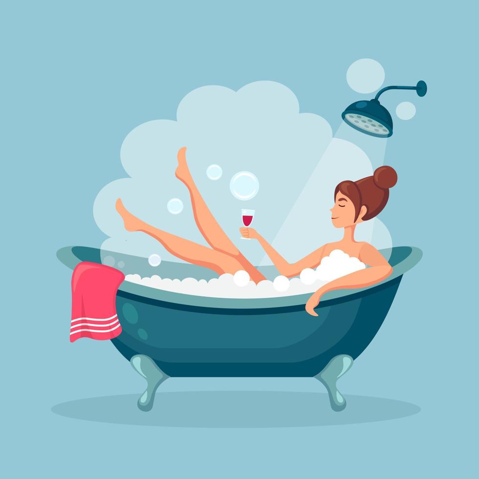 donna felice che fa il bagno in bagno con la papera di gomma. lavare testa, capelli, corpo, pelle con shampoo, sapone, spugna, acqua. vasca piena di schiuma con bolle. igiene, routine quotidiana, relax. disegno vettoriale