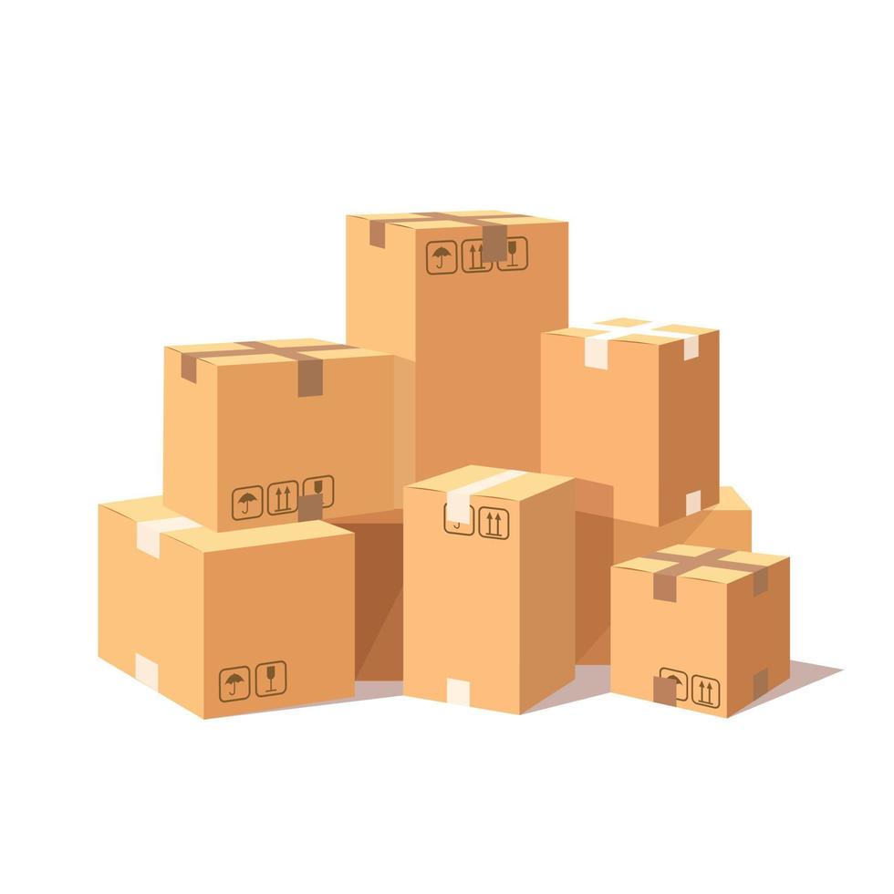set di cartone isometrico 3d, scatola di cartone. pacchetto di trasporto in negozio, concetto di distribuzione. disegno vettoriale