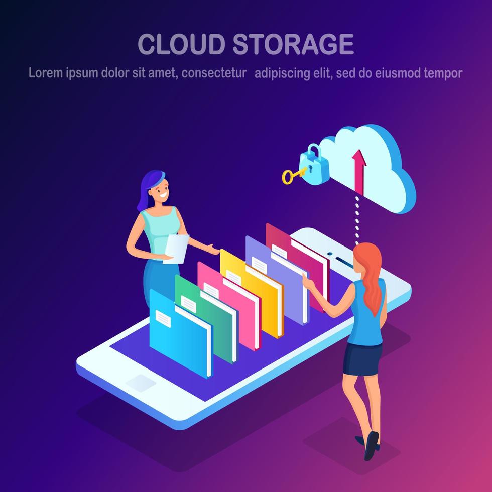 tecnologia di archiviazione cloud. backup dei dati. donna isometrica, telefono, cartelle. servizio di hosting per il sito web. disegno vettoriale