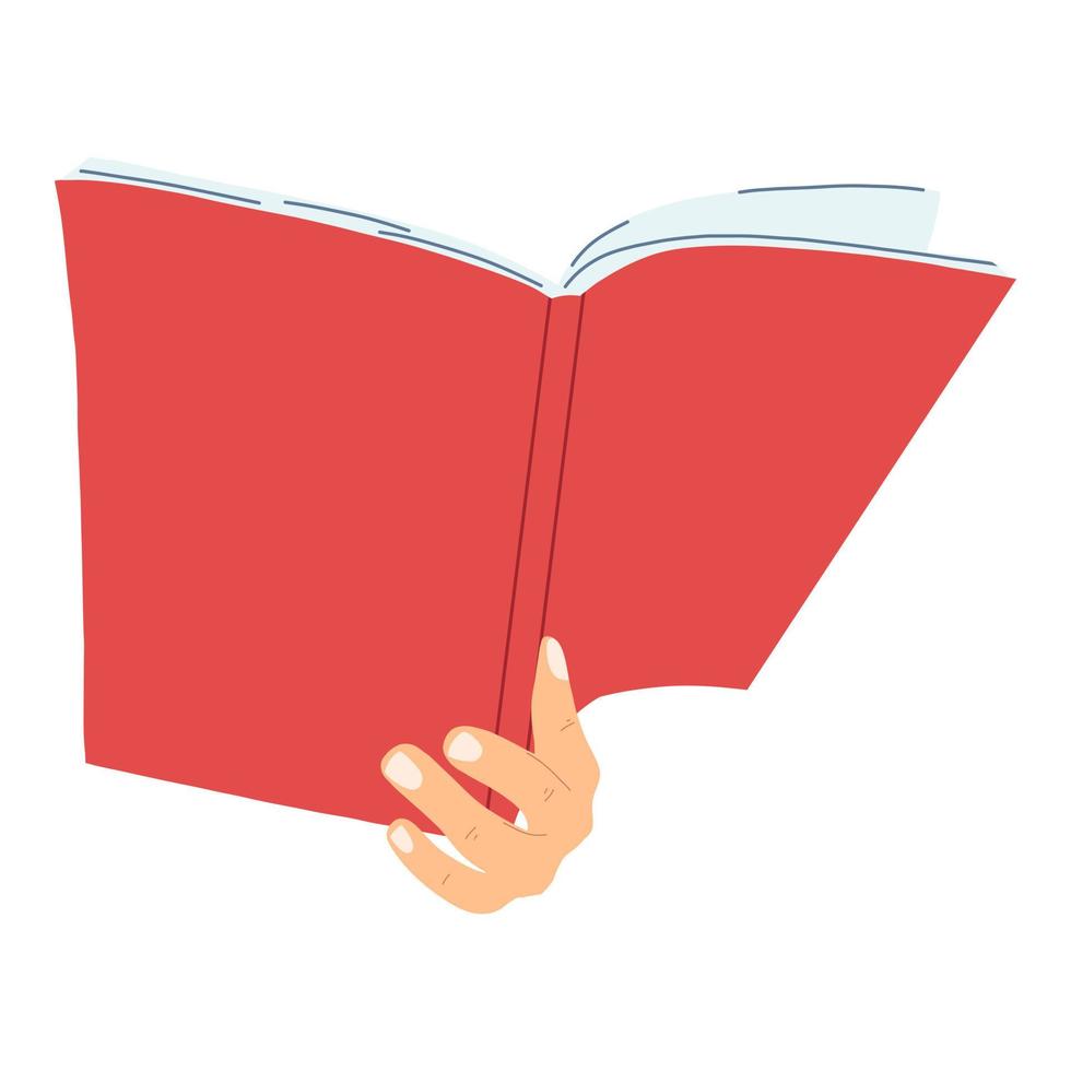 mani con libro in stile piatto cartone animato. concetto di giornata mondiale del libro, studio, apprendimento. illustrazione vettoriale di dizionario aperto, enciclopedie, pianificatore