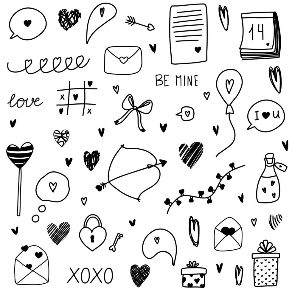 amore clipart scarabocchi disegnati a mano per San Valentino con cuori, arco, frecce, veleno, scritte, calendario, ghirlanda, lanterne, lettera, regalo, palloncino, nuvola di conversazione, fumetto vettore