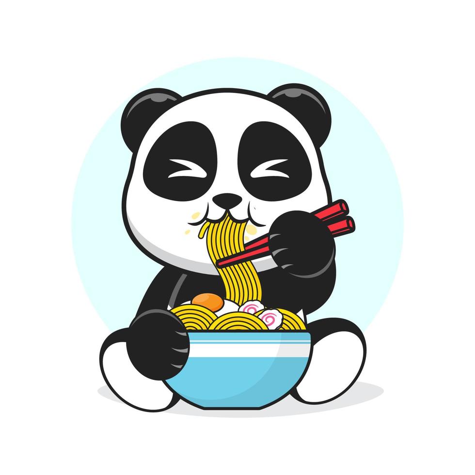 panda di carattere che mangia una ciotola di vettore di noodle