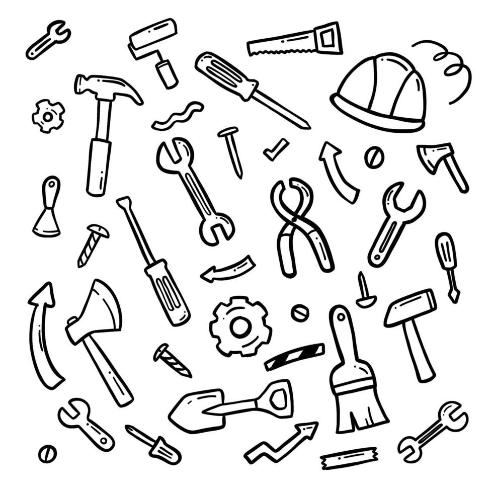 insieme del disegno della mano di doodle degli strumenti dell'ingegnere vettore