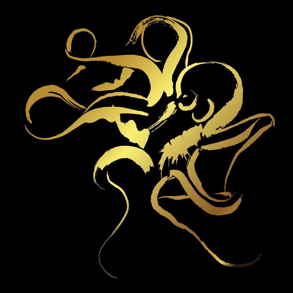 polpo, pittura di pennellata dorata su sfondo nero vettore