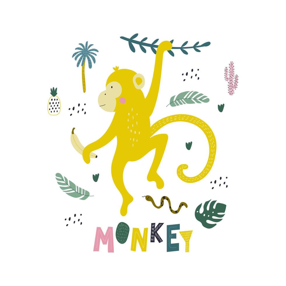 poster con scimmia. stampa per bambini. illustrazione vettoriale. vettore