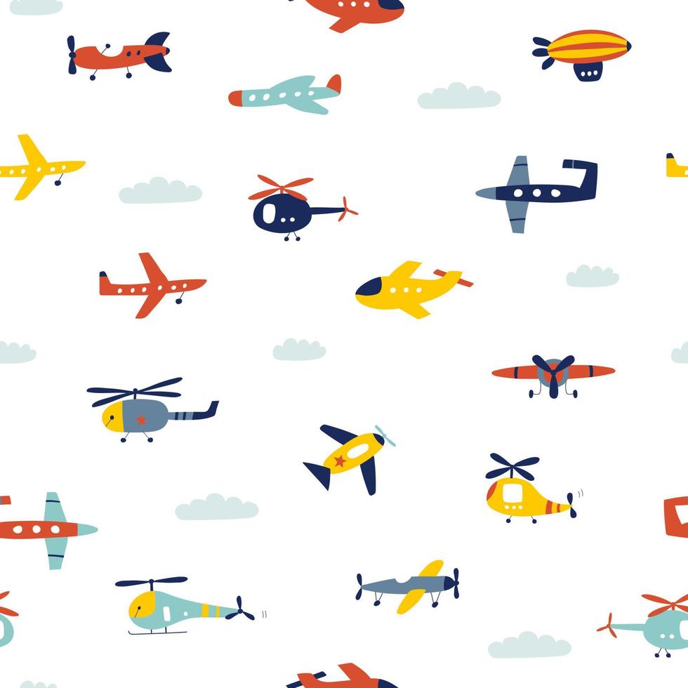 modello senza cuciture con aeroplano ed elicottero. trasporto aereo. stampa per bambini. illustrazioni vettoriali