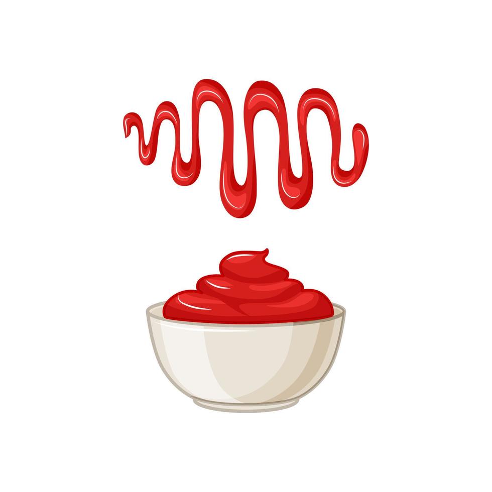 ketchup. ciotola con salsa su uno sfondo bianco isolato. individuare. illustrazione del fumetto di vettore del cibo.