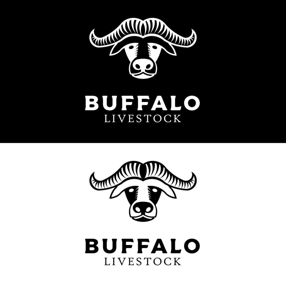 testa di bufalo con grande corno per bestiame e design del logo della macelleria in stile silhouette vintage vettore
