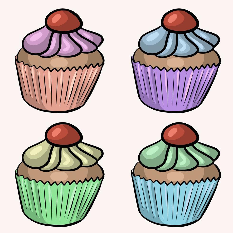 un set di bellissimi cupcake con frutti di bosco e crema colorata. illustrazione vettoriale per cartoline, calendari e adesivi su sfondo rosa chiaro