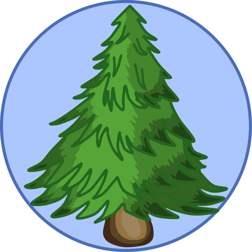 illustrazione vettoriale, albero di natale verde cartone animato, su sfondo blu rotondo, elemento di design, icona, emblema vettore