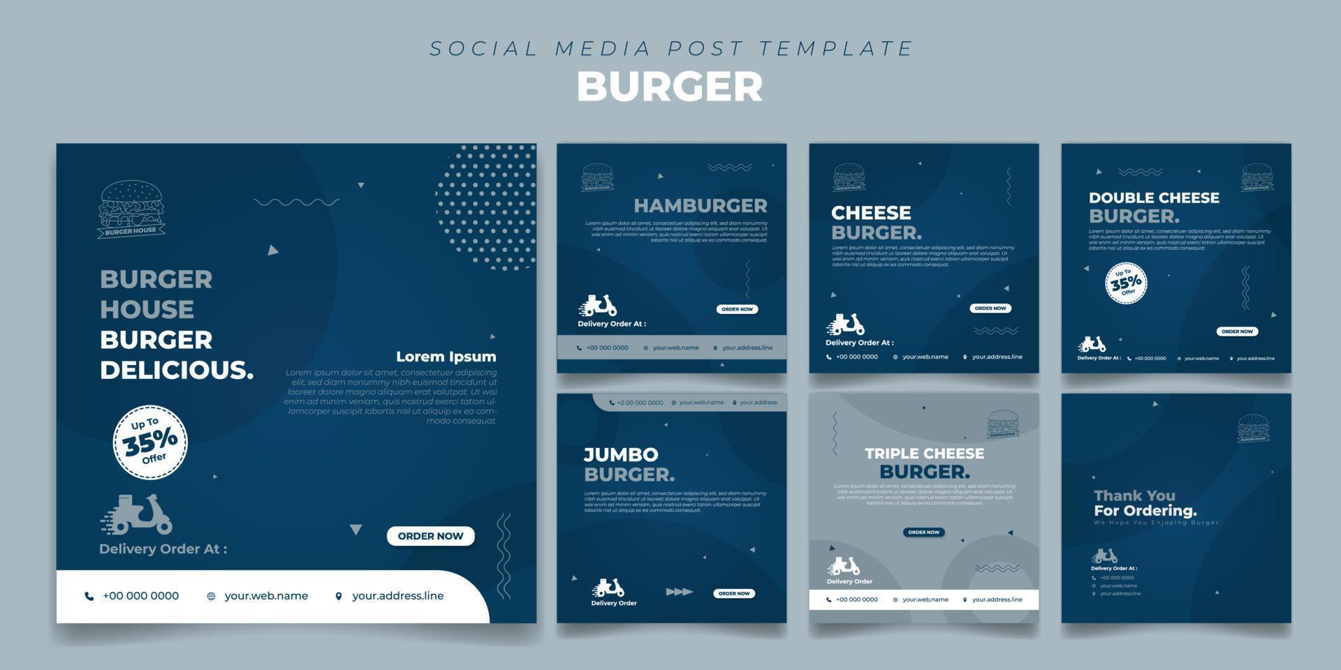 modello di post sui social media quadrato blu con un semplice design a cerchio. modello di annuncio sui social media con design di hamburger. vettore