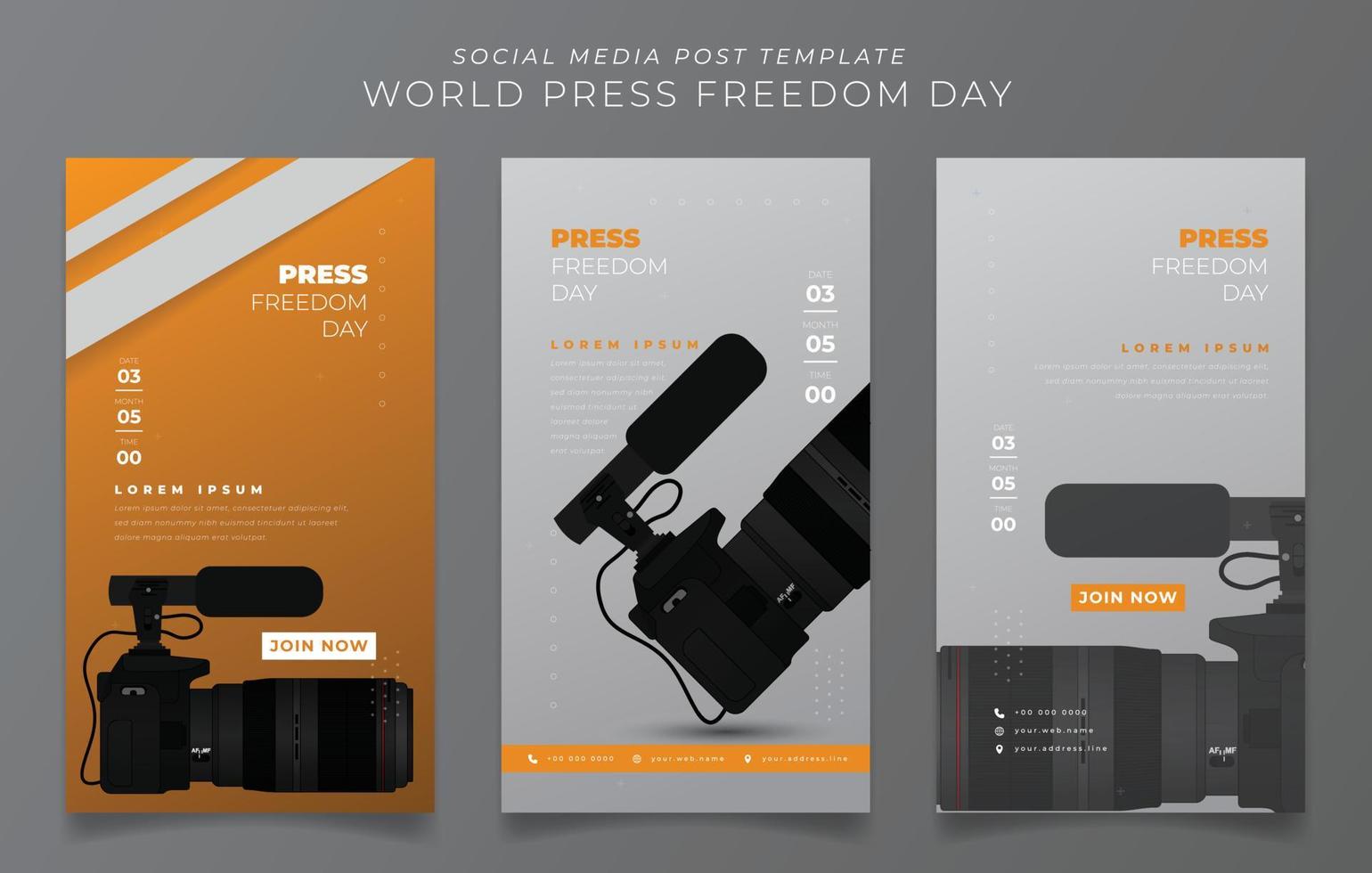 set di modelli di post sui social media con fotocamera e microfono per la progettazione della giornata mondiale della libertà di stampa vettore