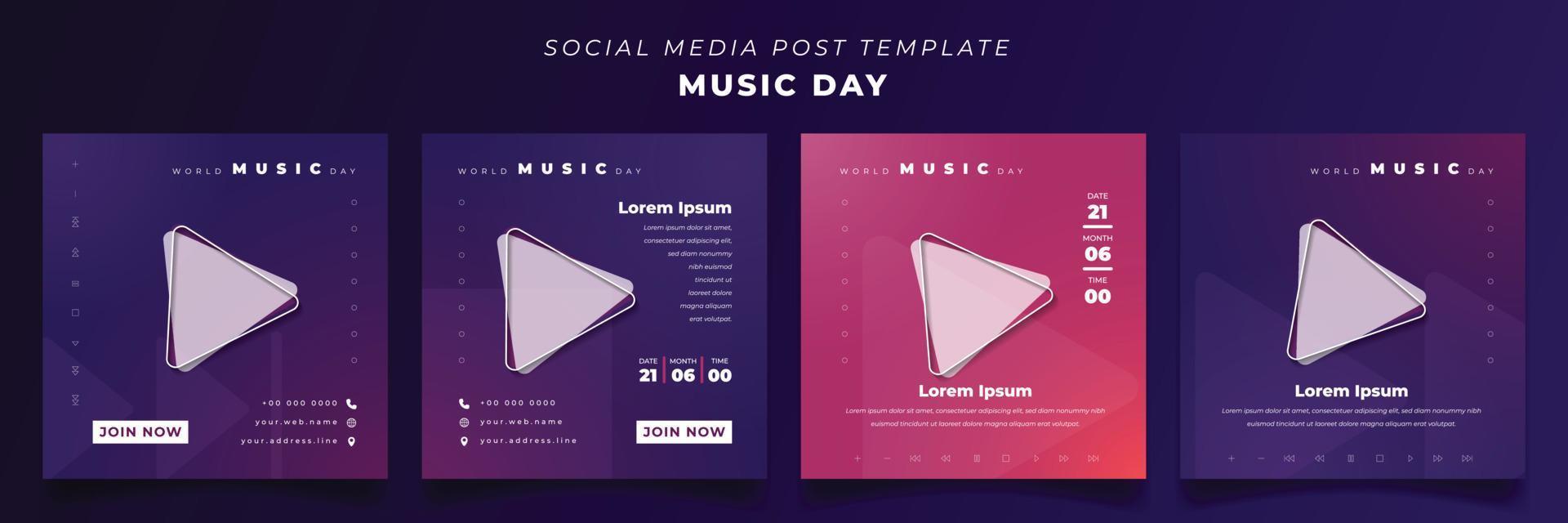 set di modelli di post sui social media con sfondo sfumato viola per il design del giorno della musica vettore