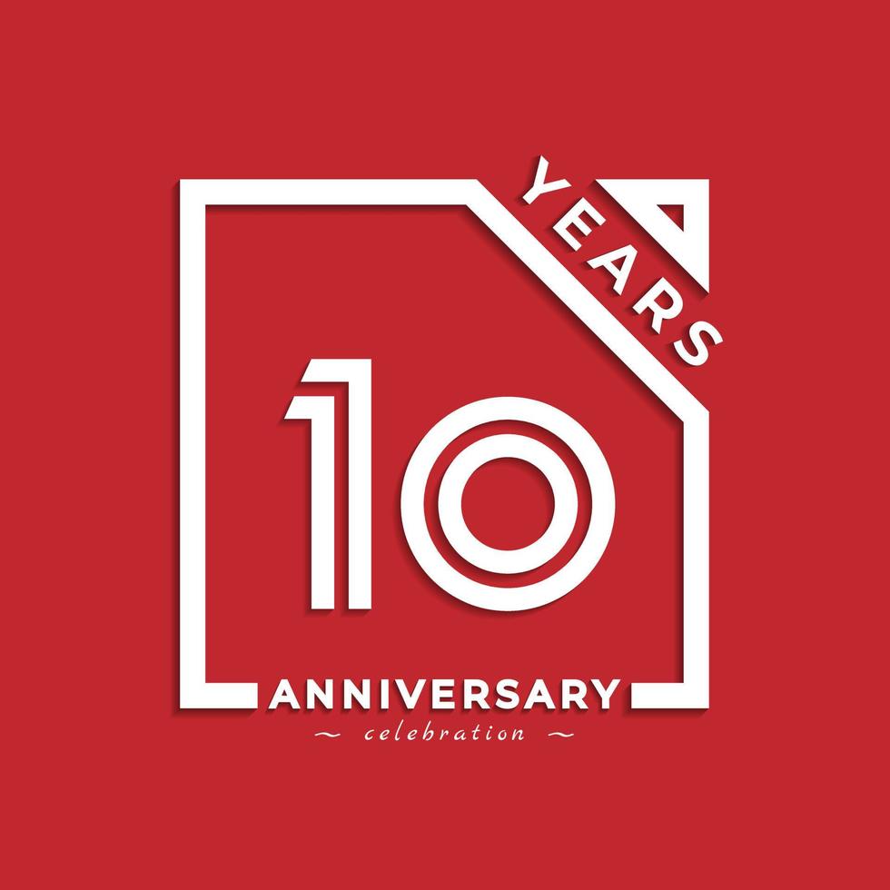 Design in stile logotipo per celebrazione dell'anniversario di 10 anni con numero collegato in quadrato isolato su sfondo rosso. il saluto di buon anniversario celebra l'illustrazione del design dell'evento vettore
