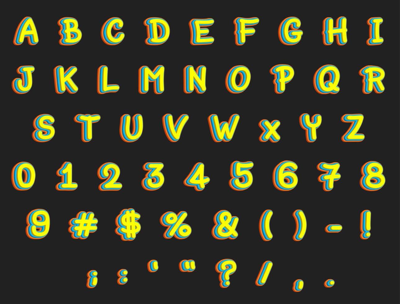 effetto carattere colorato. set di lettere maiuscole e numeri. carattere di illustrazione vettoriale. vettore