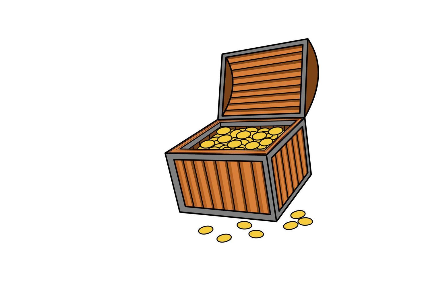 fumetto illustrazione di monete d'oro nella cassa del tesoro su sfondo bianco isolato vettore