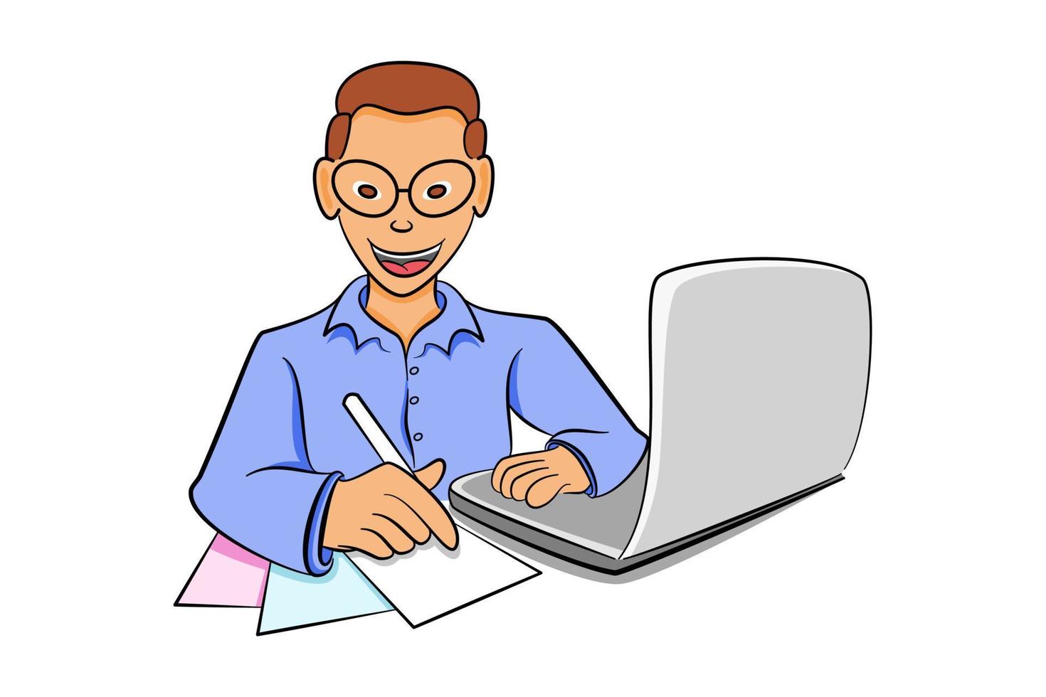 illustrazione di un uomo d'affari che lavora su documenti con un computer, prende appunti, lavora da casa, formazione online vettore