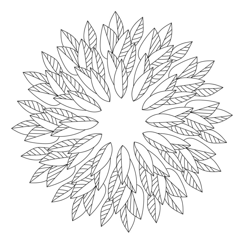 pagina da colorare di un mandala dai contorni delle foglie, parti di una pianta con vene dritte simmetriche disposte a cerchio vettore